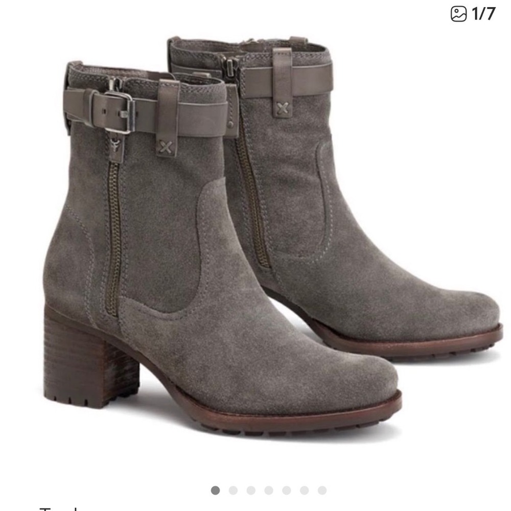 Trask Madison Gray Leather Moto Ankle Boots With Block Heel Lug Sole 9.5